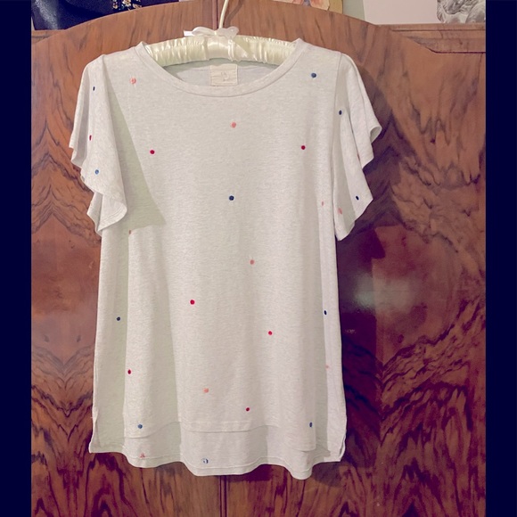 Anthropologie Flutter Sleeve Tee with multi colored embroidered Swiss Dots. - Picture 4 of 15